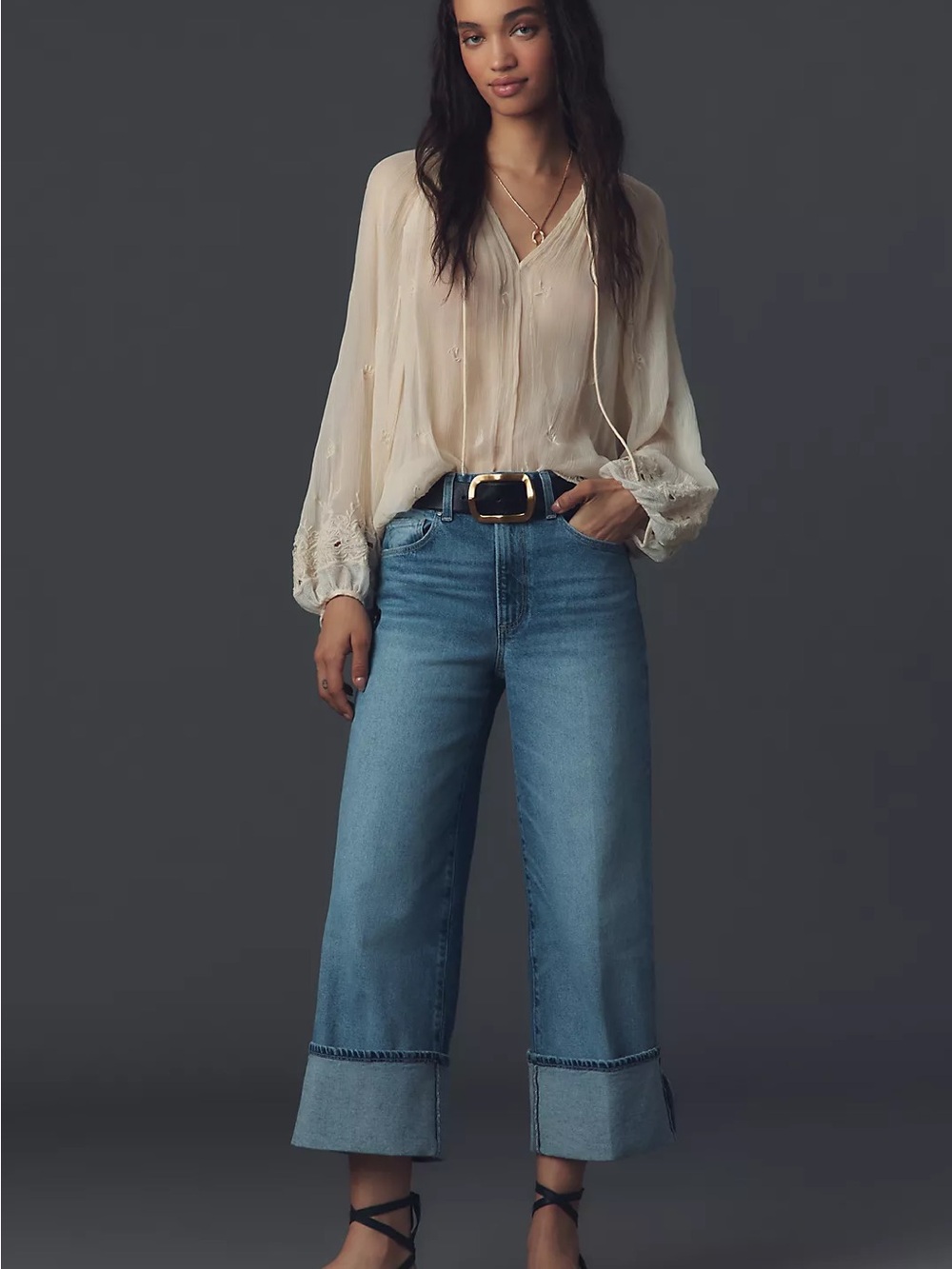 PAIGE Dark Blue Wide-Leg Cuffed Jeans - Picture 3 of 12